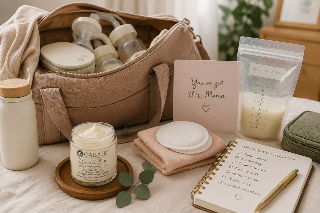 Pumping bag with breast pump parts, milk storage, nursing pads, water bottle, notebook, and CABAID Wean & Ease for breastfeeding, pumping, and weaning comfort while working or traveling.