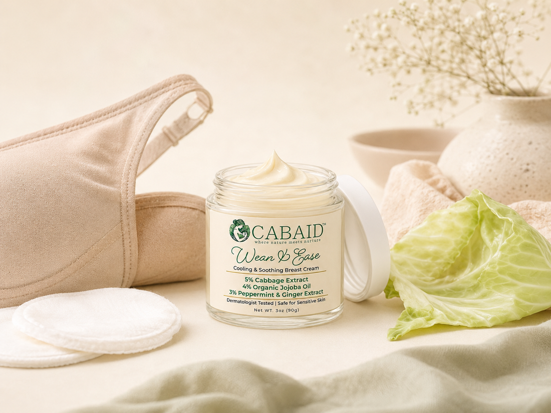 CABAID Wean & Ease jar beside a soft bra, nursing pads, and cabbage leaves, representing cabbage cream for breast fullness, engorgement discomfort, and weaning comfort.
