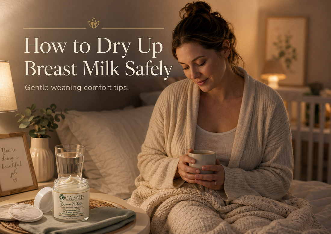 Mother sitting calmly in a soft bedroom with nursing pads, water, and CABAID Wean & Ease nearby, representing gentle support while drying up breast milk.