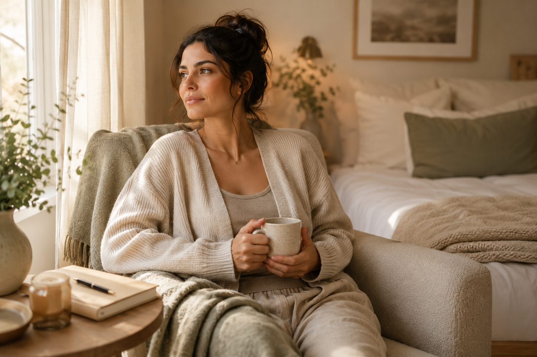 Mother sitting quietly in a warm bedroom with a cup of tea, representing hormonal and emotional changes after weaning, including mood, sleep, and identity shifts.