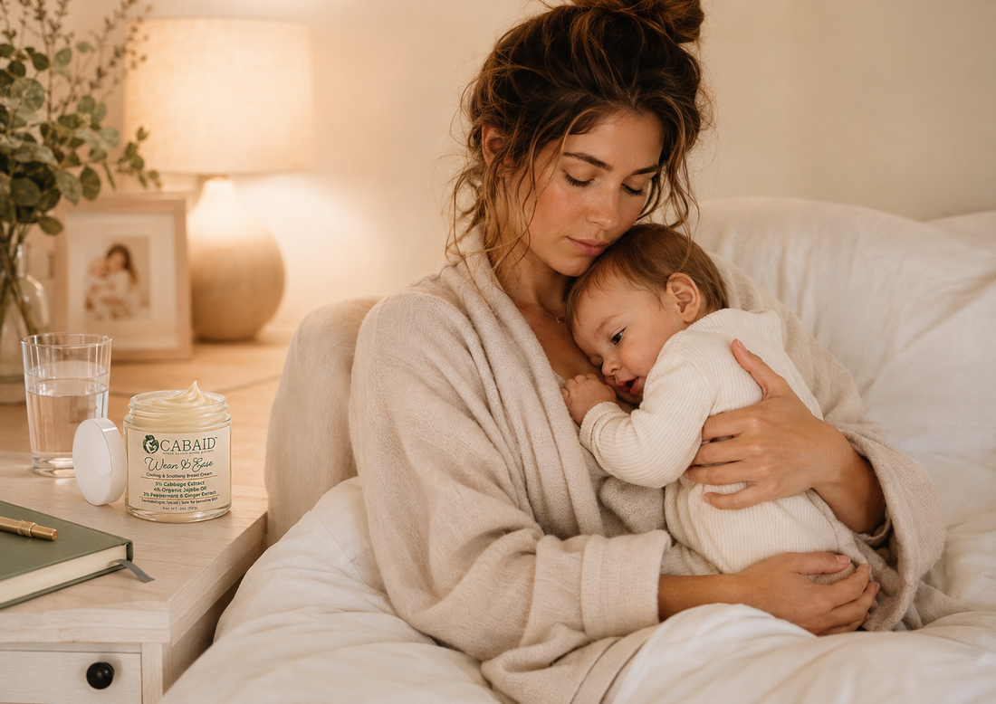 Mother cuddling her baby in a calm bedroom beside CABAID Wean & Ease cream, representing gentle support for feeling touched out while weaning.