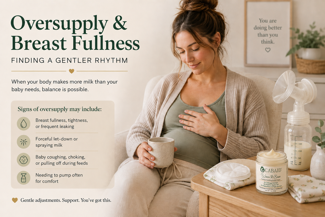 Mother sitting calmly in a warm nursery with breastfeeding supplies nearby and a small CABAID Wean & Ease jar on the table, representing oversupply, breast fullness, and balancing milk production.