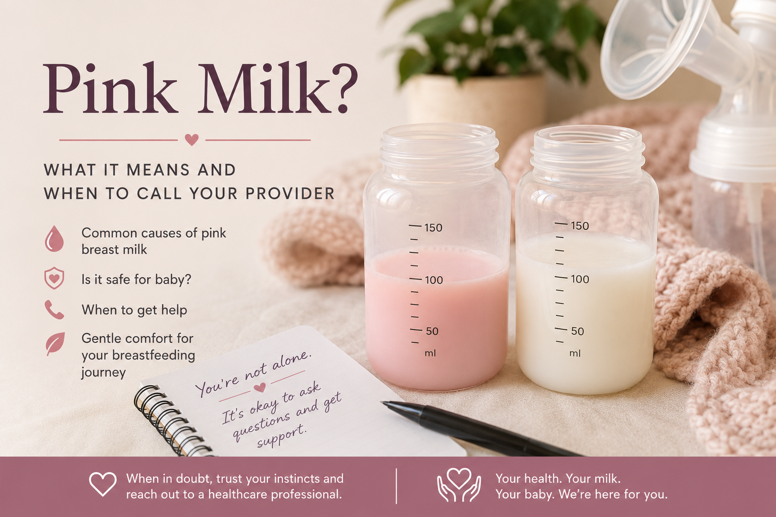 Mother examining a bottle of pink breast milk beside pumping supplies and CABAID Wean & Ease cream, with guidance on when to call a healthcare provider.