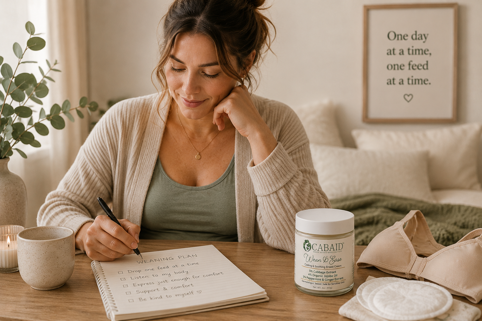 Mother writing a step-by-step weaning plan in a notebook beside CABAID Wean & Ease, nursing pads, a soft bra, and calming postpartum comfort items.