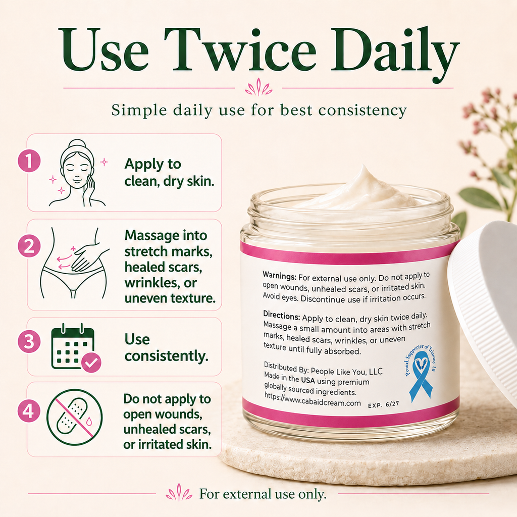 How to use CABAID Stretch Mark and Scar Bio-Active Skin Recovery Cream twice daily on clean dry skin