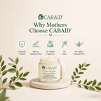 CABAID Wean & Ease product trust badges for dermatologist-tested, sensitive-skin-minded, no added fragrance, no dyes, and no added essential oils