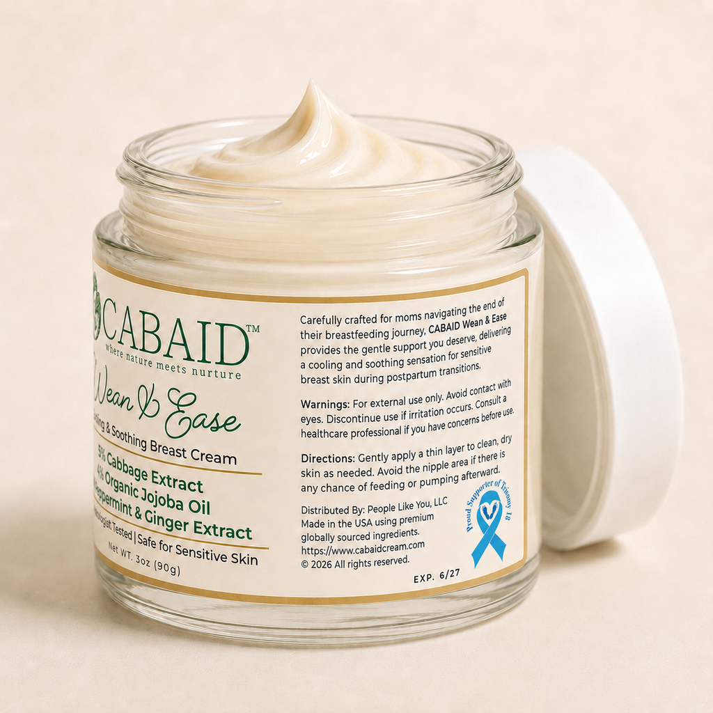 CABAID Wean & Ease Cooling & Soothing Breast Cream in an open glass jar with ribbed cap, showing side label directions, warnings, and sensitive skin information.