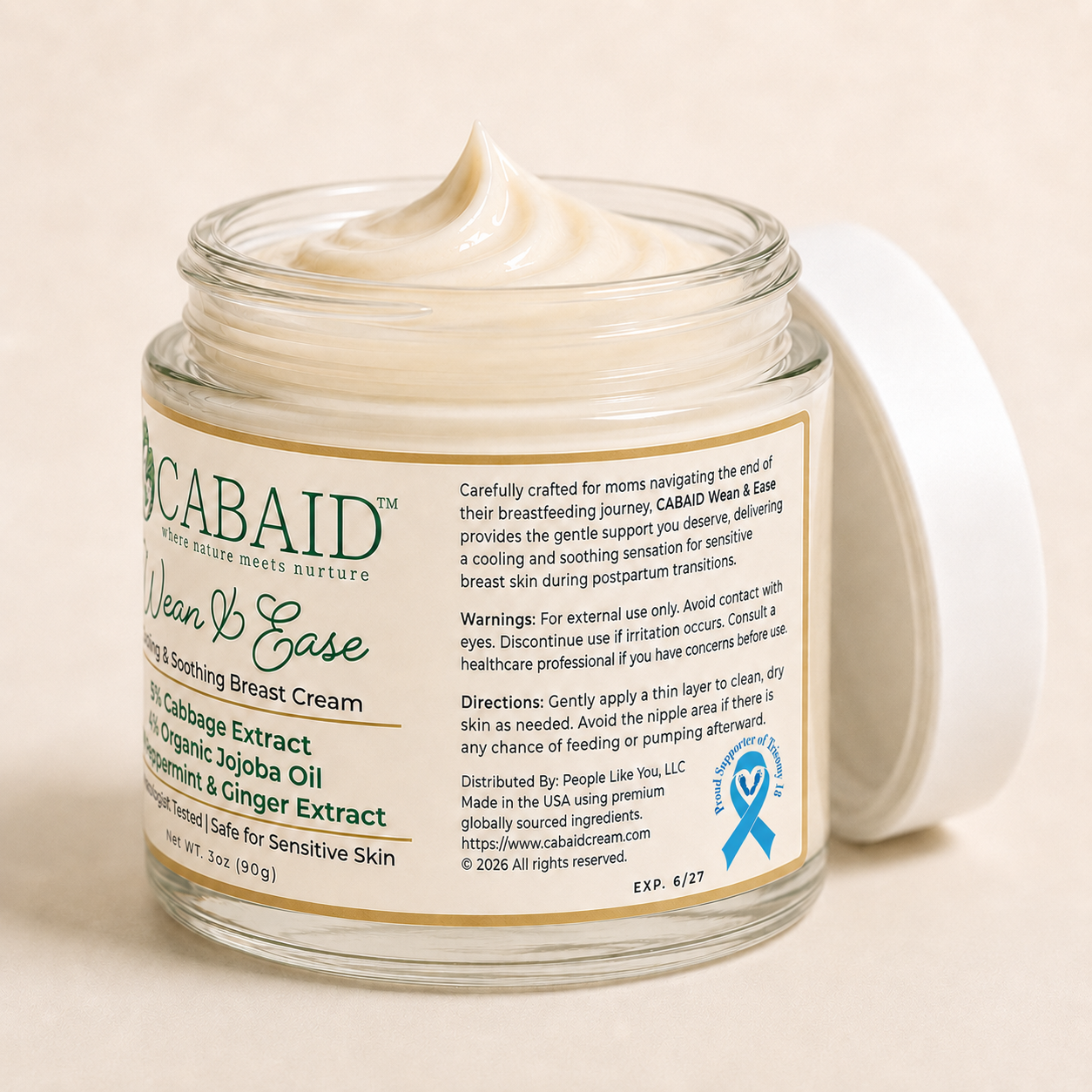 CABAID Wean & Ease Cooling & Soothing Breast Cream in an open glass jar with ribbed cap, showing side label directions, warnings, and sensitive skin information.
